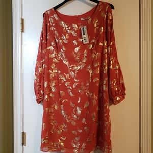Coral and gold floral tunic dress